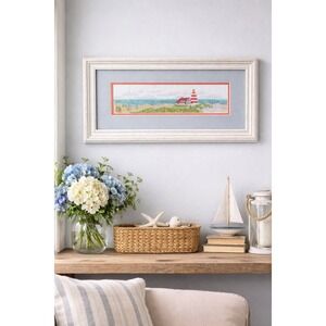 Vintage Red White Lighthouse Framed Cross Stitch Nautical Beach Wall Art 12.5x7"